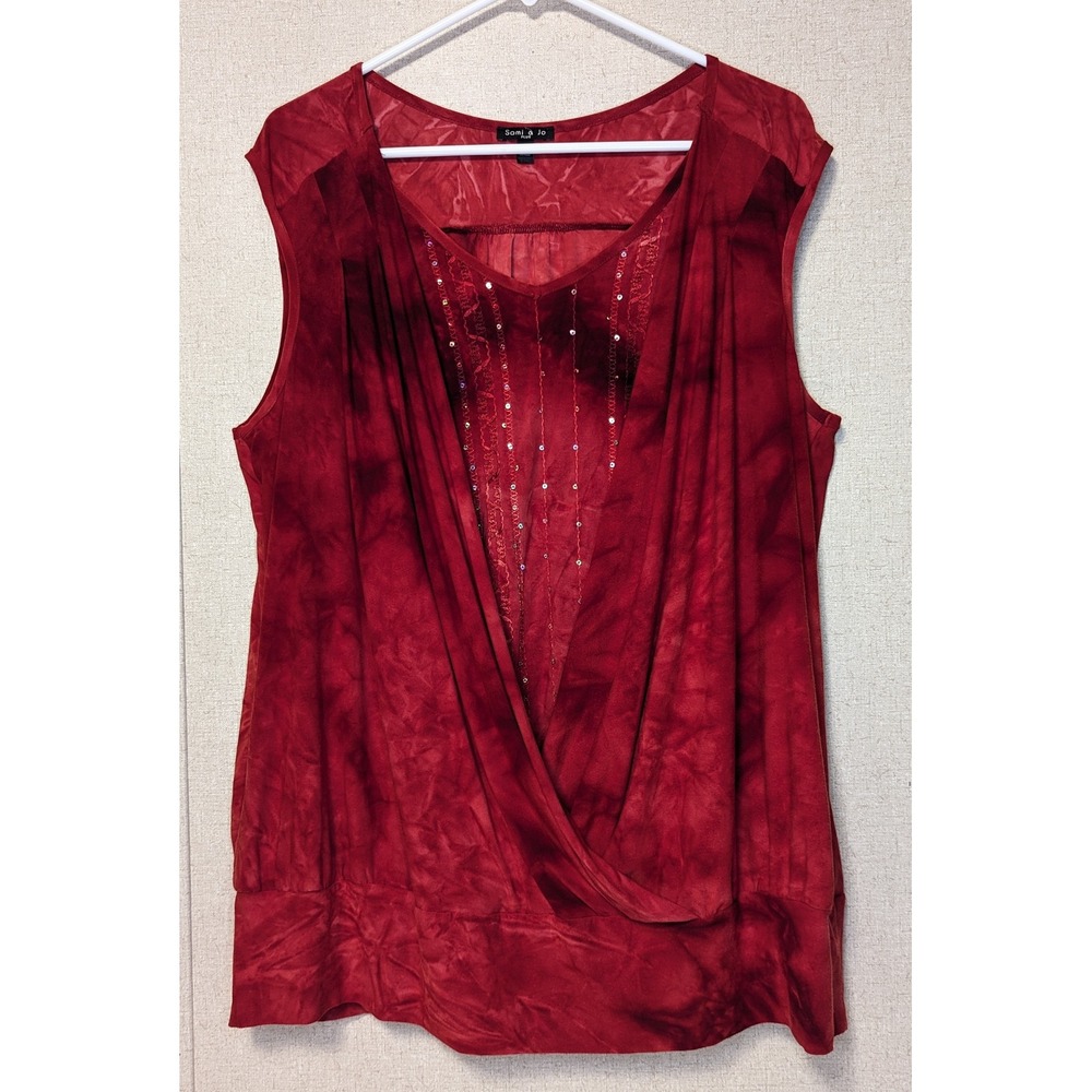 Sami & Jo Red Tie Dye Draped Surplice Sleeveless Sequin Lace Inset Top Blouse